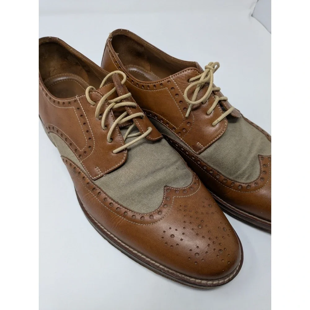 Sperry Wingtip Oxford STS10161 Tan Leather Linen Dress Shoes Mens‎ 10
